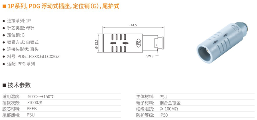 1P系列和PDG浮动式插座和定位销（G）和尾护式